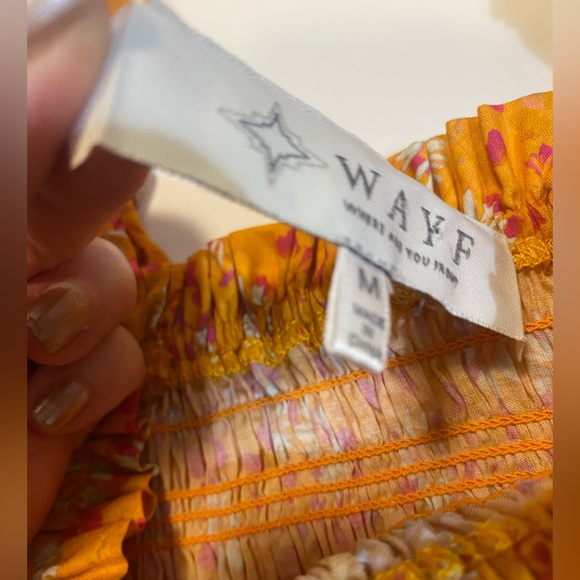 WAYF Smocked Ruffle Hem Top, Orange Yellow Floral Print 100% Cotton, Size Medium - Picture 6 of 12